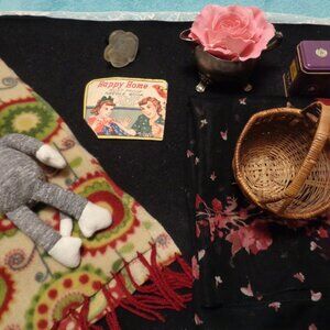 VINTAGE SCARFS SOCK MONKEY REPRO OLD BASKET CREAMER PERFUME STOPPER ETC …